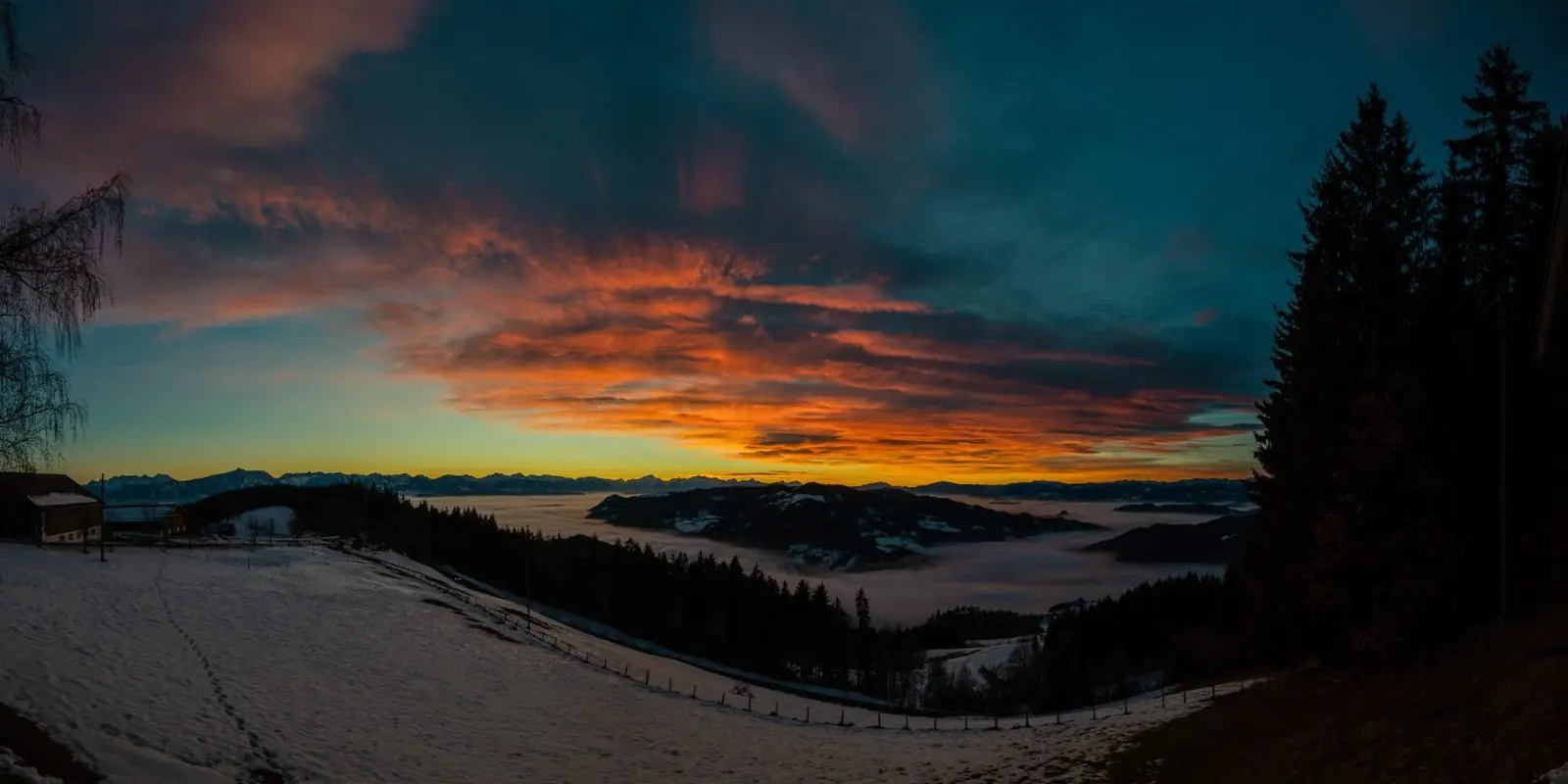 Sunset glow over the snowy meadows