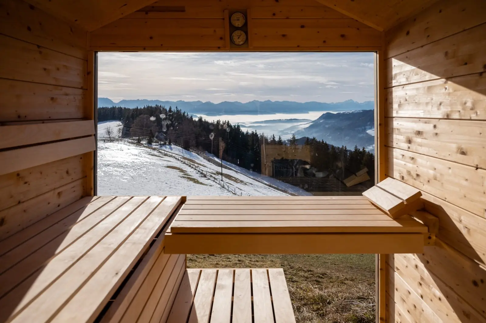View from the sauna hut of the snowy mountains
