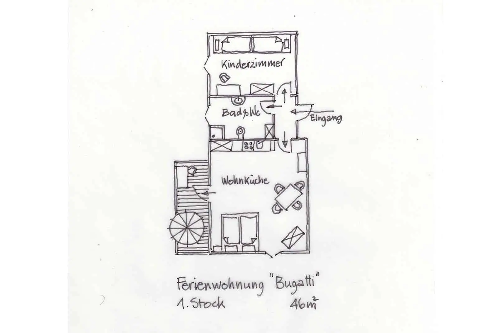 Plattegrond Appartement Bugatti, 46 m²