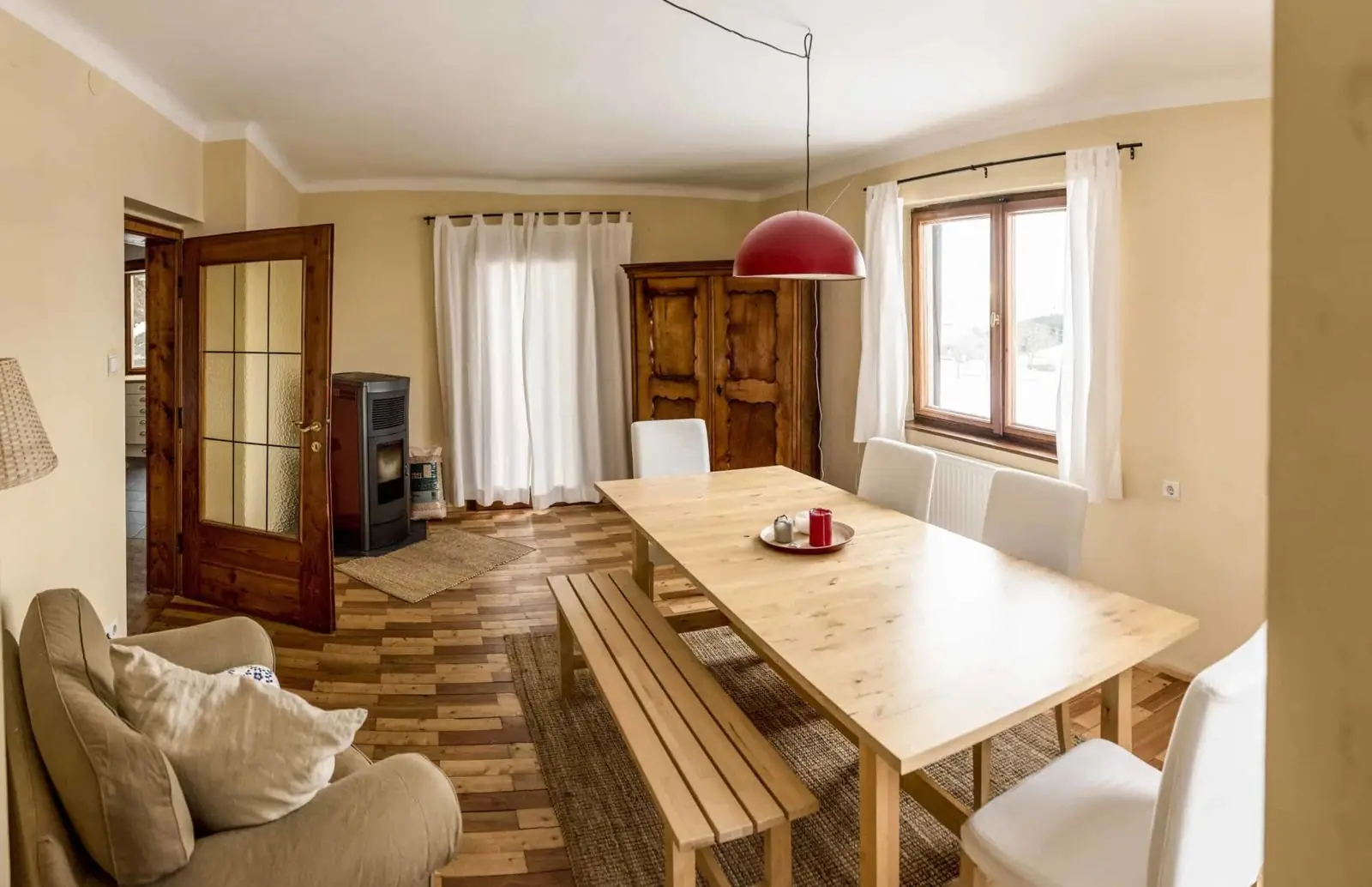 Dining area with wooden table and bench