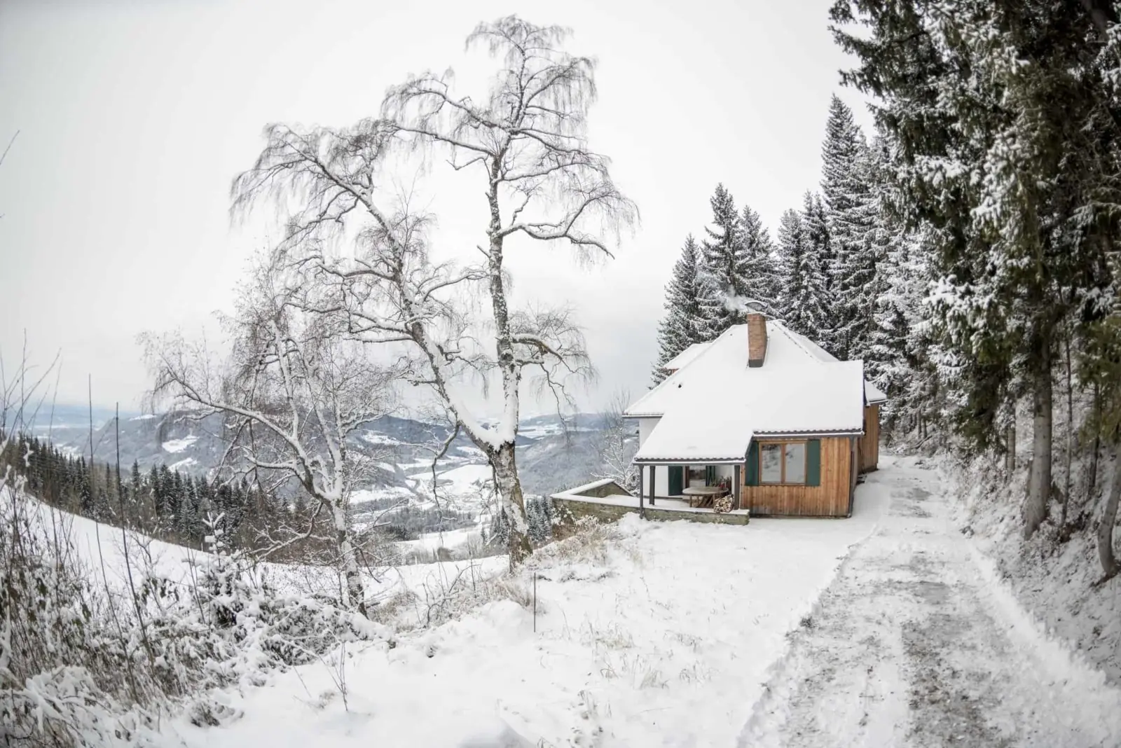Das Almhaus im Winter zwischen verschneiten Bäumen am Johannserberg