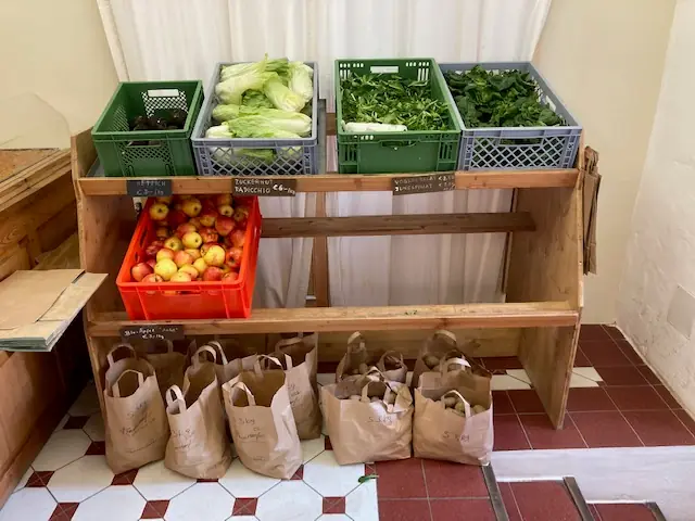Verdura e mele nelle cassette, sotto i sacchetti di carta per il pane
